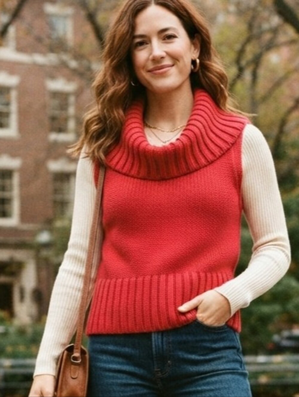Vintage 111 STATE Red Chunky Shaker Knit Cowl Neck Sweater Vest Y2K - Medium